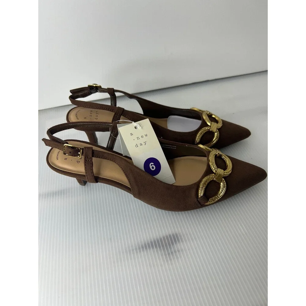 A New Day Brown Slingback Kitten Heels Gold Chain Link Pointed Toe Pumps Size 66